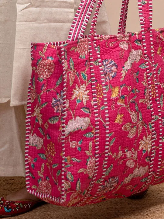 Blossom pink Printed Quilted  Tote Bag with Inner Pocket