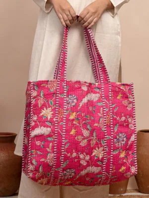 Blossom pink Printed Quilted  Tote Bag with Inner Pocket