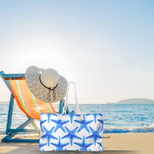 Blue Starfish Print Beach Bag  Oversized Weekender Tote   Description: