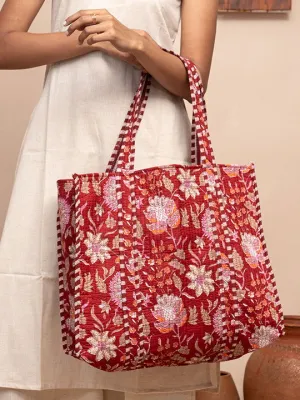 Crimson Garden Printed Quilted  Tote Bag with Inner Pocket