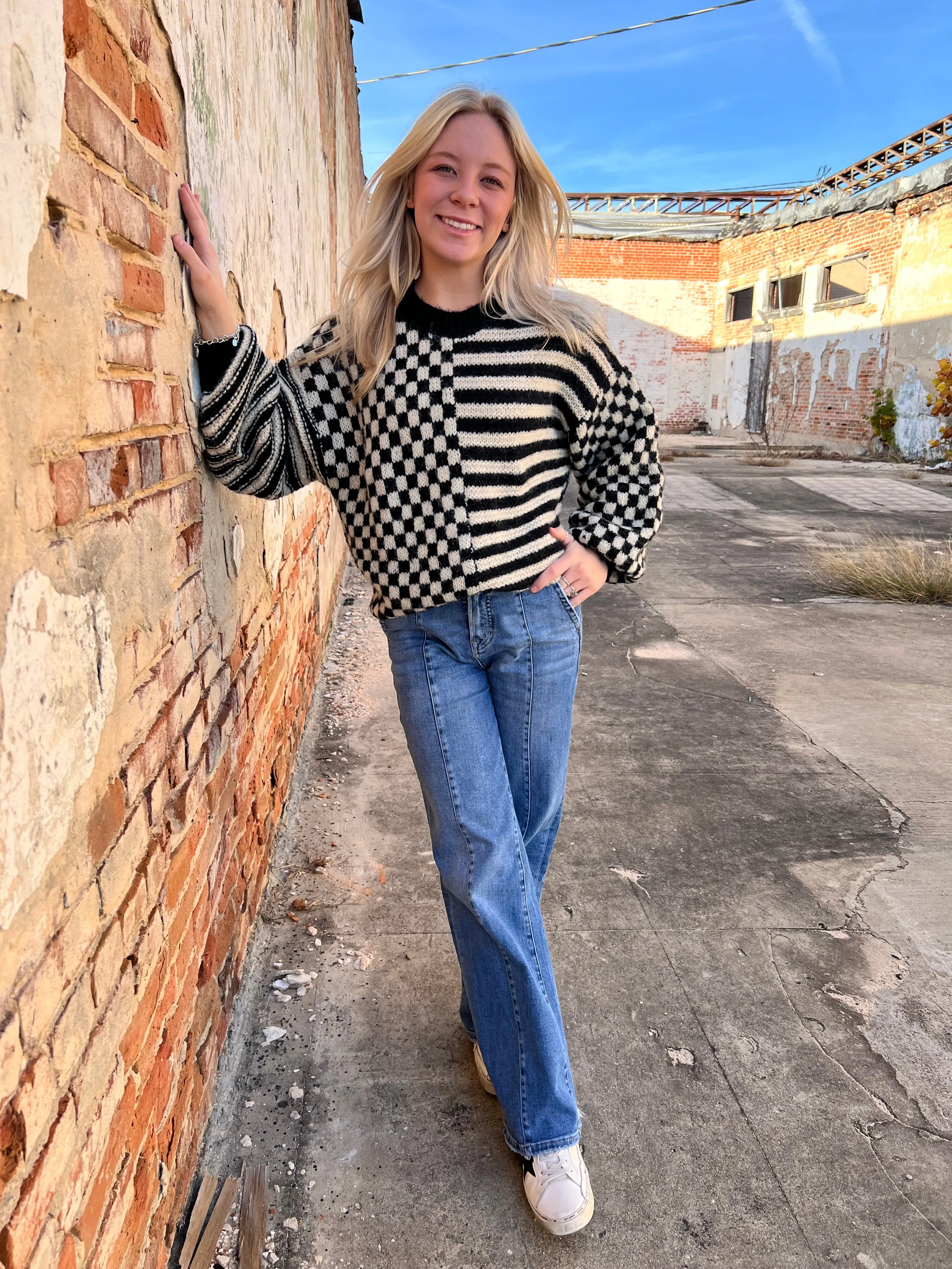 Emma Stripe and Checkered Crewneck Knit Sweater