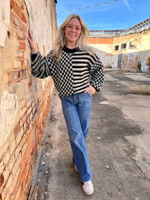 Emma Stripe and Checkered Crewneck Knit Sweater