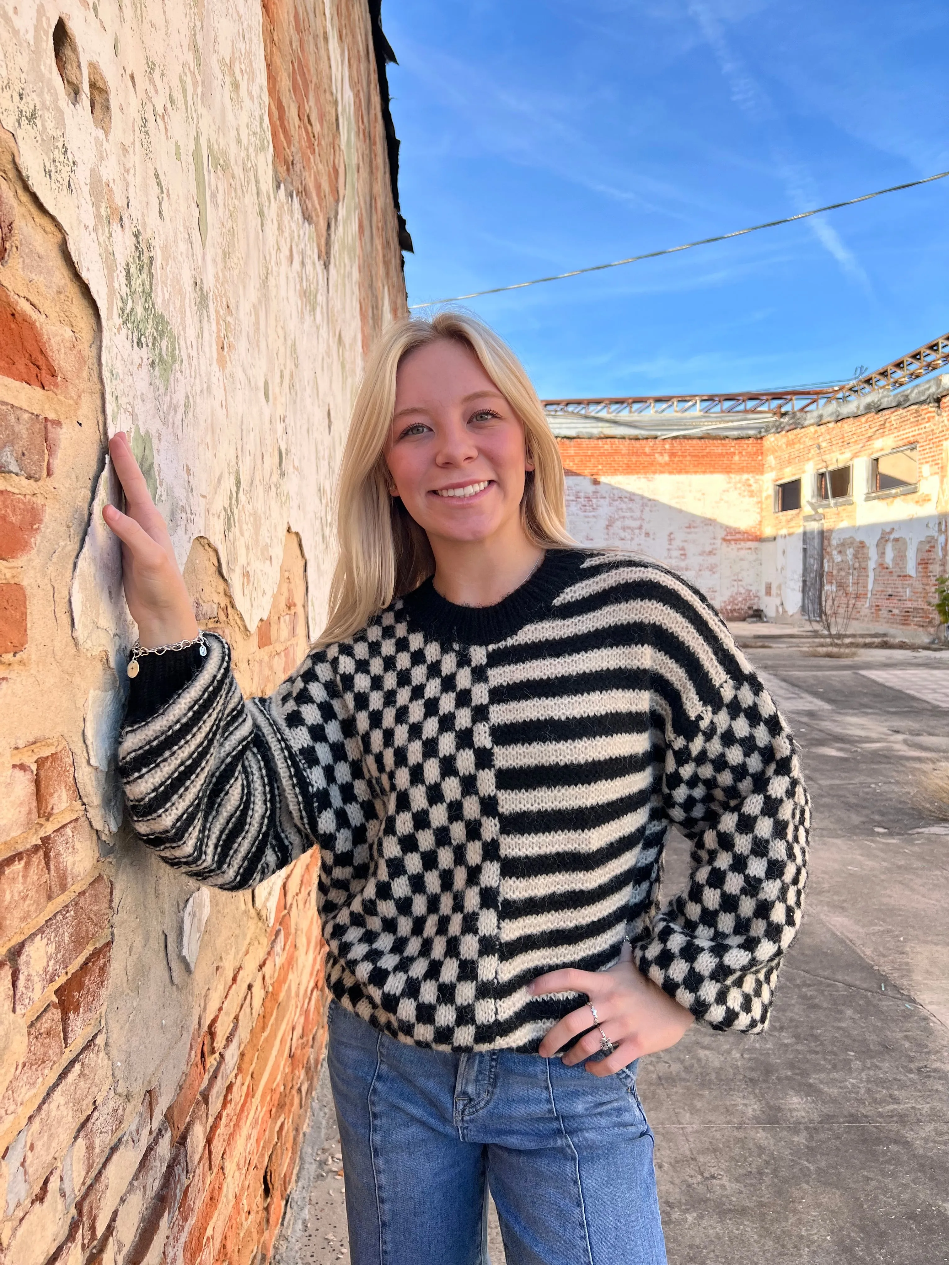 Emma Stripe and Checkered Crewneck Knit Sweater