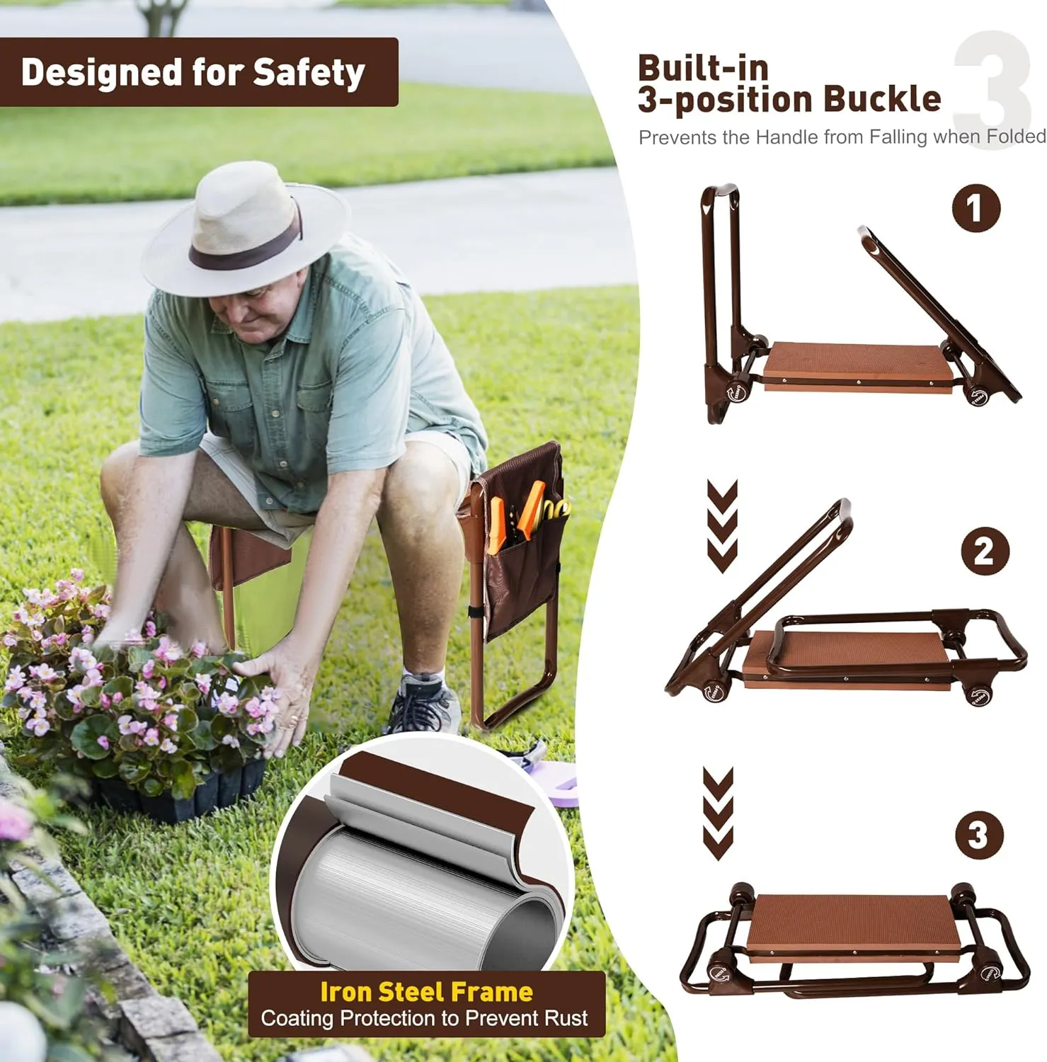 Ergonomic Garden Kneeler and Seat Bench, Heavy Duty Lightweight Garden Stool with 2 Tool Pouches