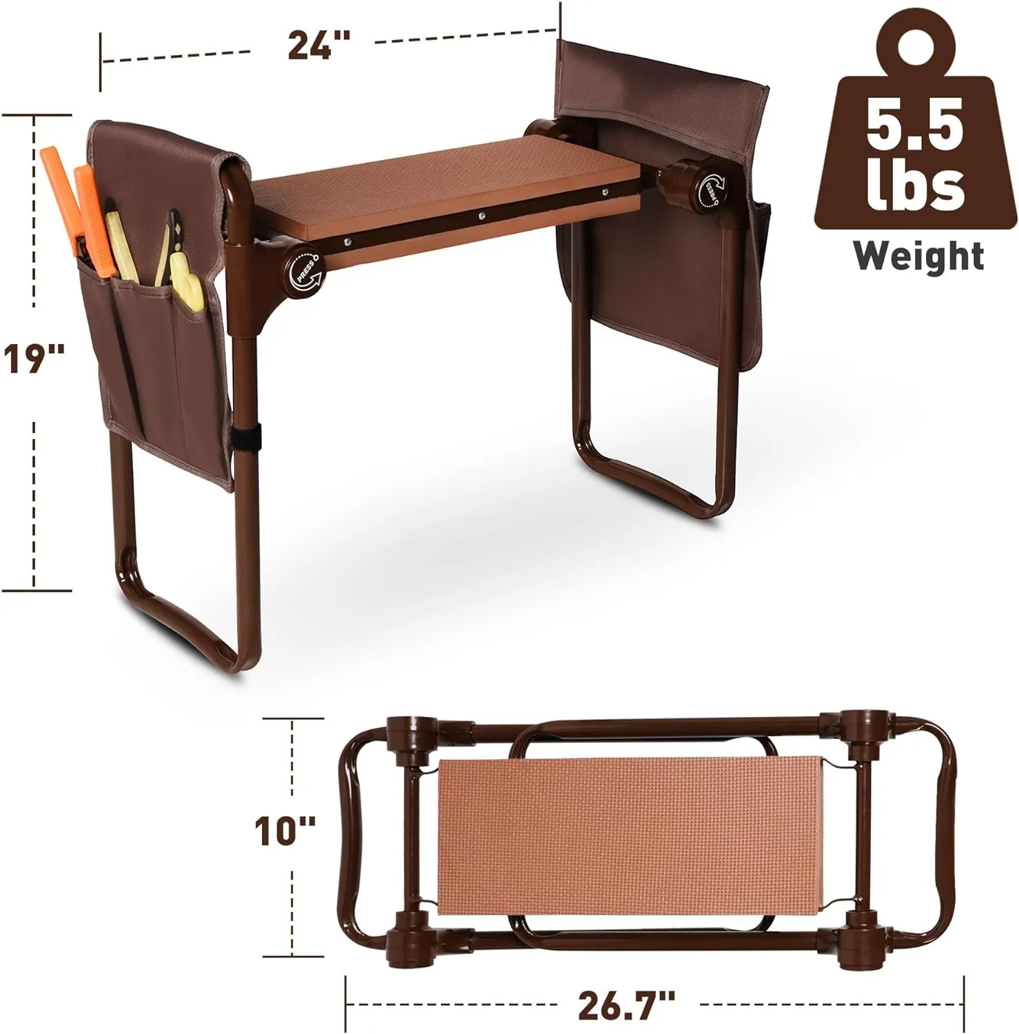 Ergonomic Garden Kneeler and Seat Bench, Heavy Duty Lightweight Garden Stool with 2 Tool Pouches