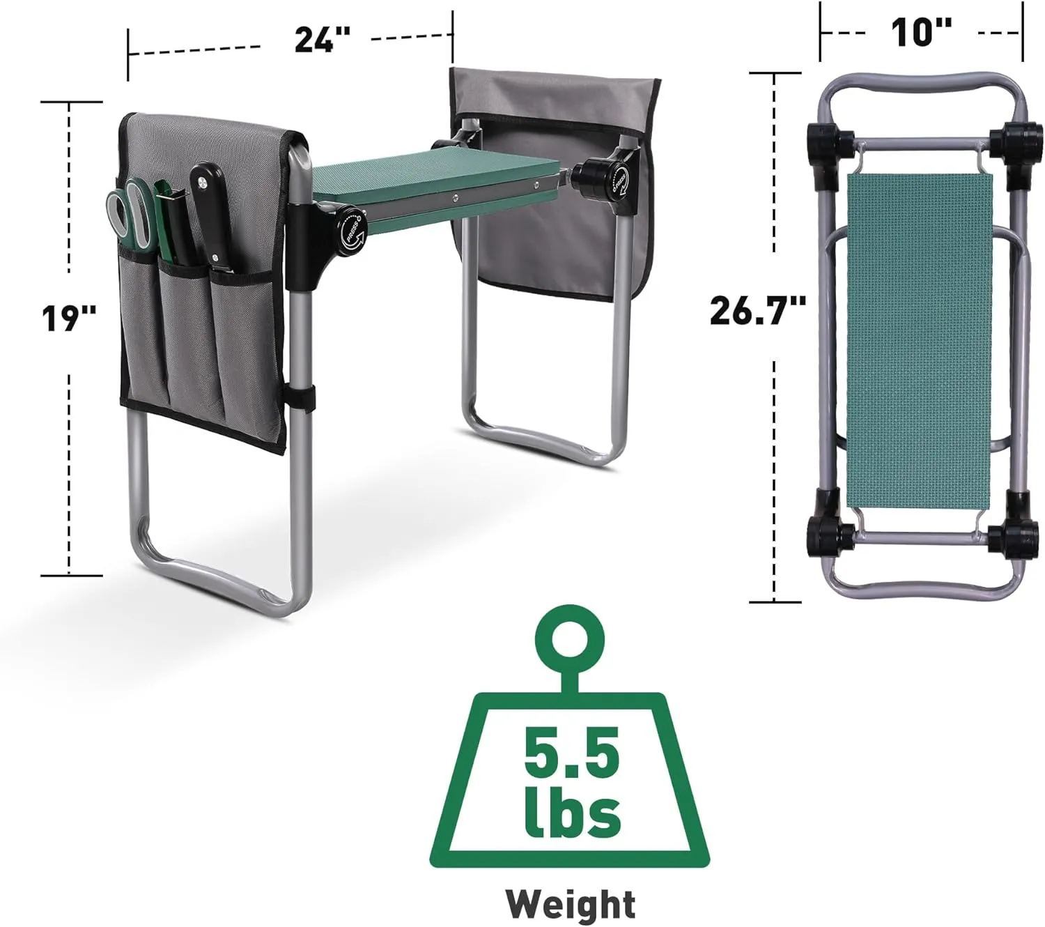 Ergonomic Garden Kneeler and Seat, Foldable Gardening Stool with 2 Tool Pouches and Kneeling Pad