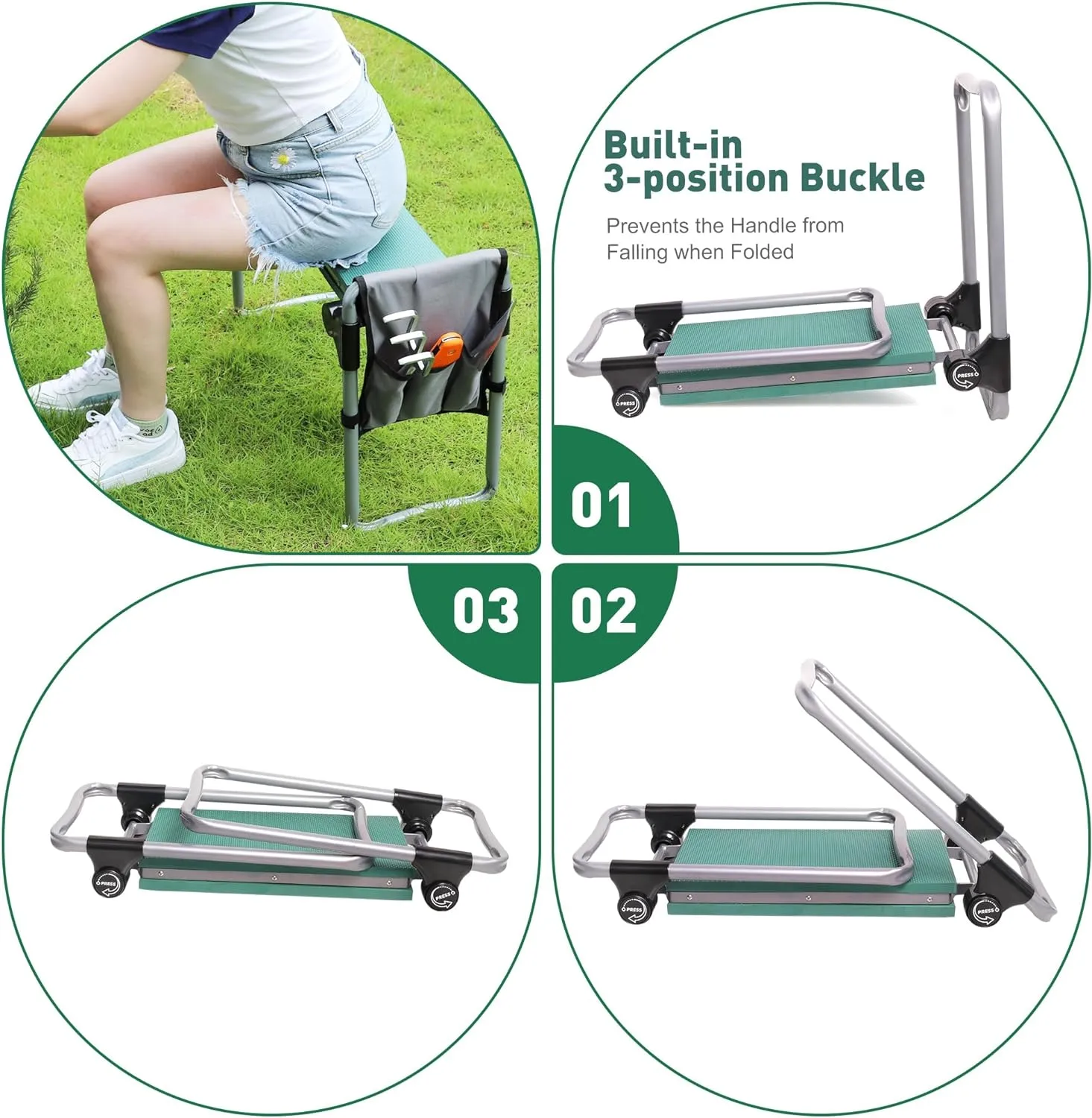Ergonomic Garden Kneeler and Seat, Foldable Gardening Stool with 2 Tool Pouches and Kneeling Pad