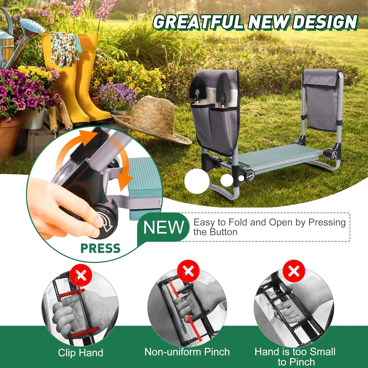 Ergonomic Garden Kneeler and Seat, Foldable Gardening Stool with 2 Tool Pouches and Kneeling Pad