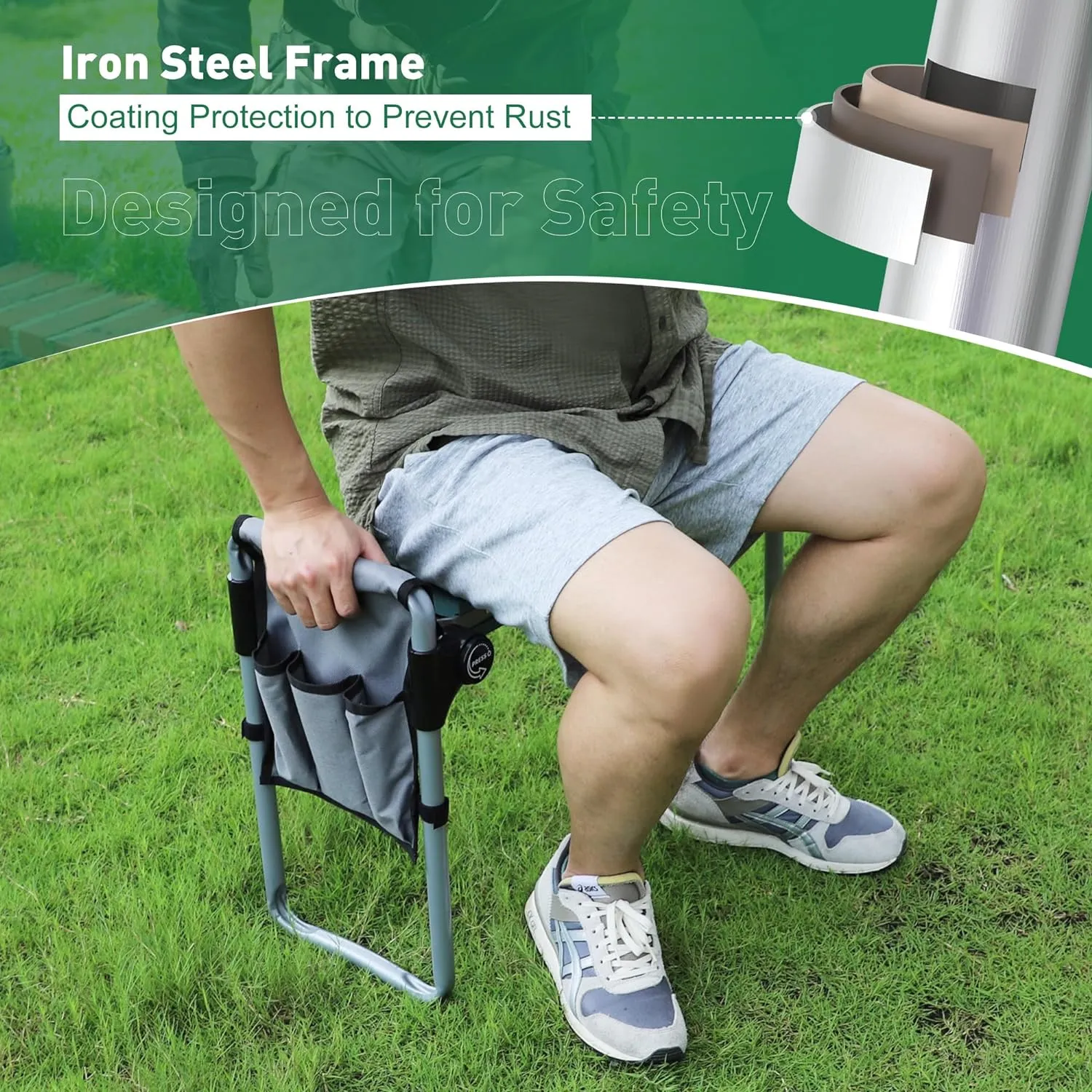 Ergonomic Garden Kneeler and Seat, Foldable Gardening Stool with 2 Tool Pouches and Kneeling Pad