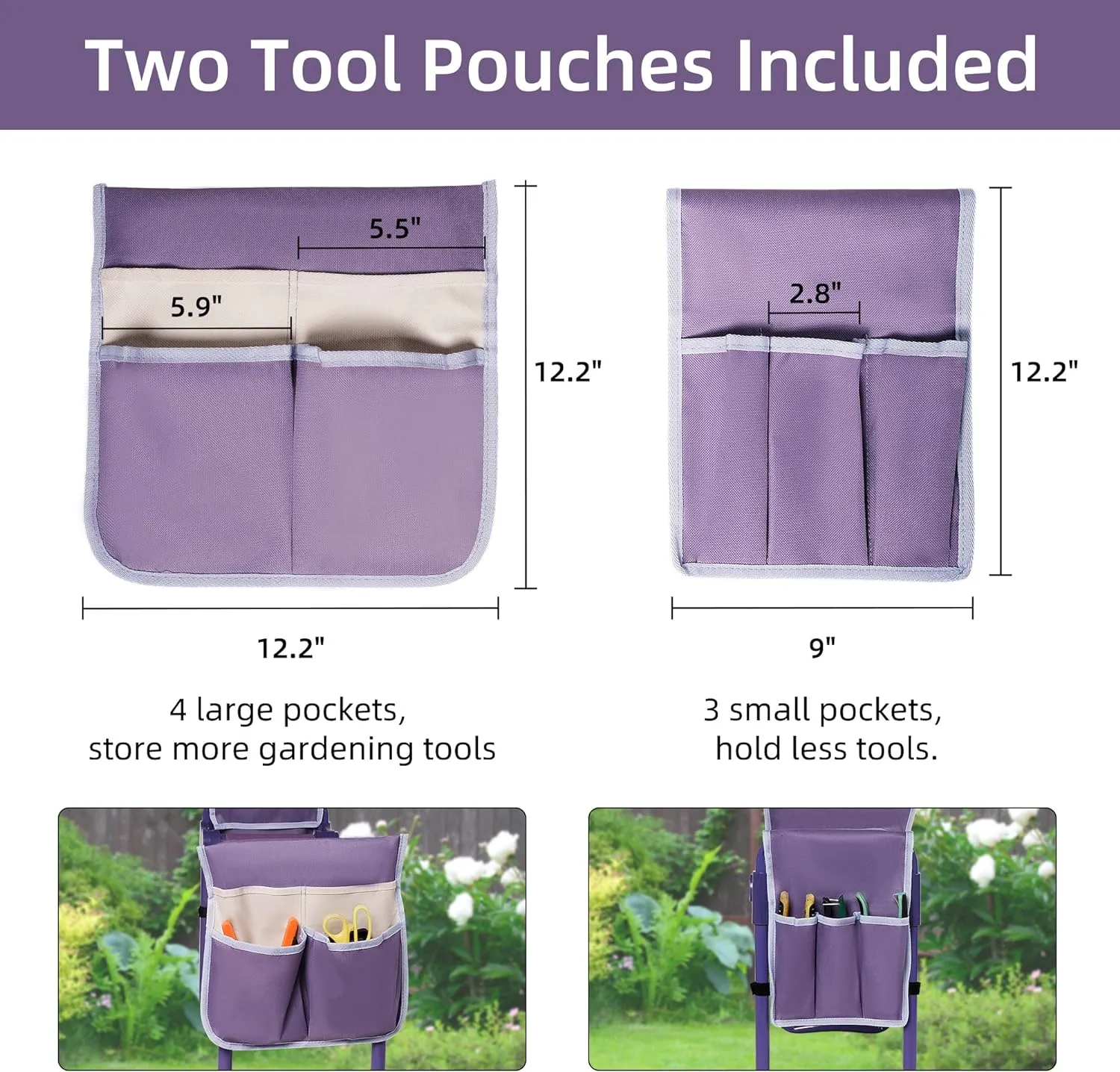Ergonomic Garden Kneeler and Seat, Foldable Gardening Stool with 2 Tool Pouches, Purple