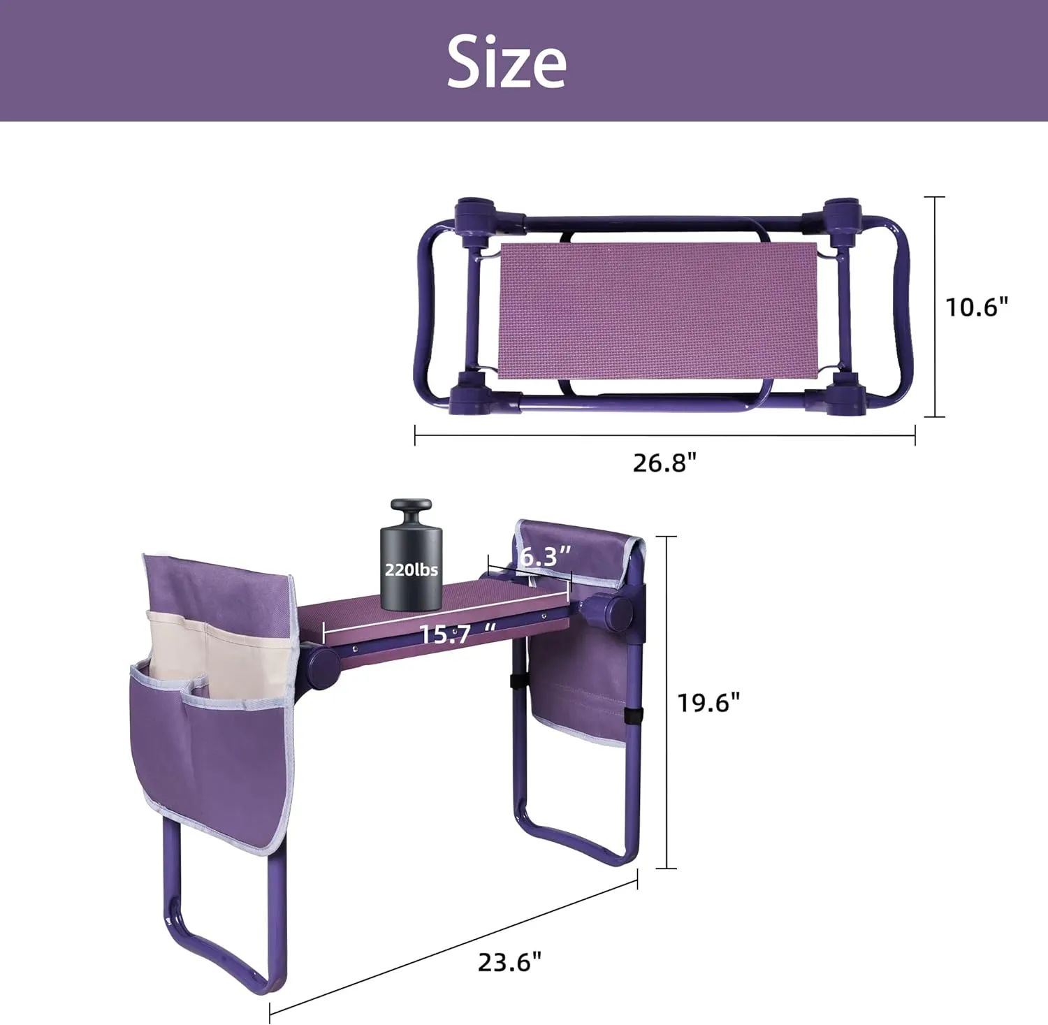 Ergonomic Garden Kneeler and Seat, Foldable Gardening Stool with 2 Tool Pouches, Purple