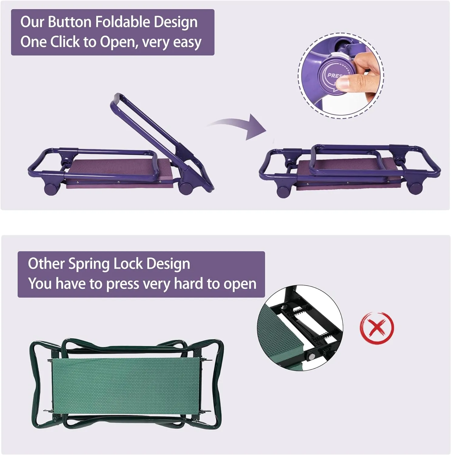 Ergonomic Garden Kneeler and Seat, Foldable Gardening Stool with 2 Tool Pouches, Purple