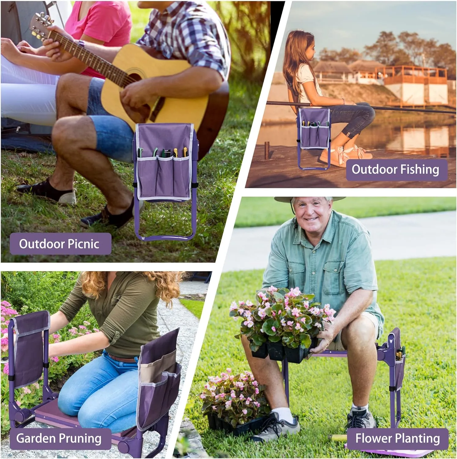 Ergonomic Garden Kneeler and Seat, Foldable Gardening Stool with 2 Tool Pouches, Purple