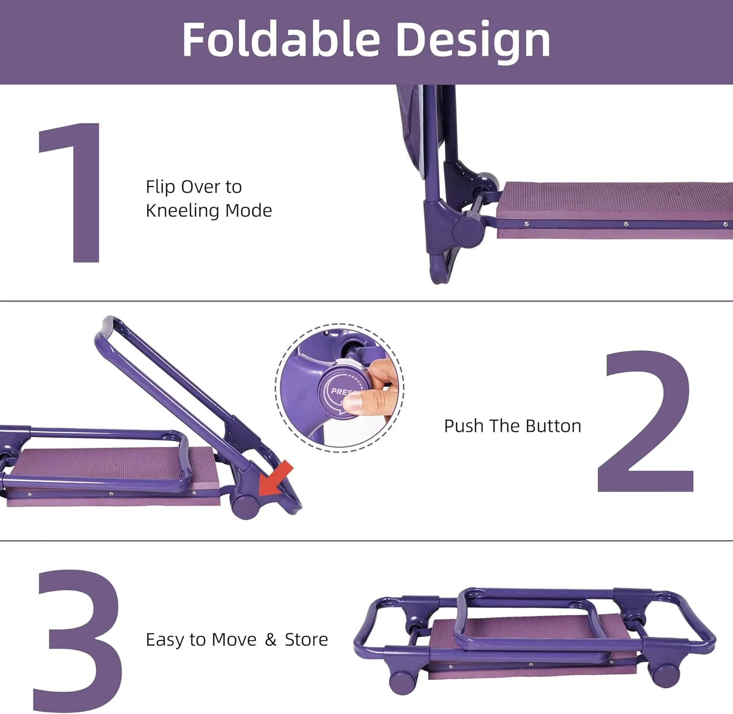 Ergonomic Garden Kneeler and Seat, Foldable Gardening Stool with 2 Tool Pouches, Purple