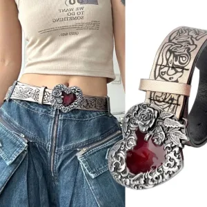 Gothic Punk Y2K Heart Buckle Belt - Red Peach Leather Waistband for Women