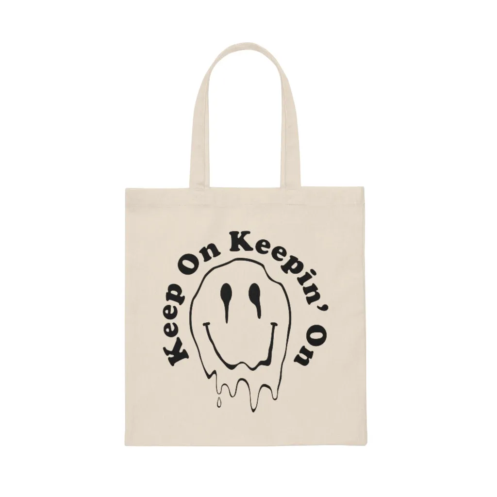 Keep on Keeping On Melting Smiley Face Canvas Tote Bag, Trippy Happy Face '90's Y2K Grunge Smiley Face Cloth Reusable shopping bag
