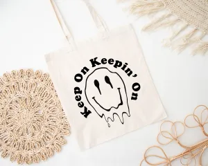 Keep on Keeping On Melting Smiley Face Canvas Tote Bag, Trippy Happy Face '90's Y2K Grunge Smiley Face Cloth Reusable shopping bag