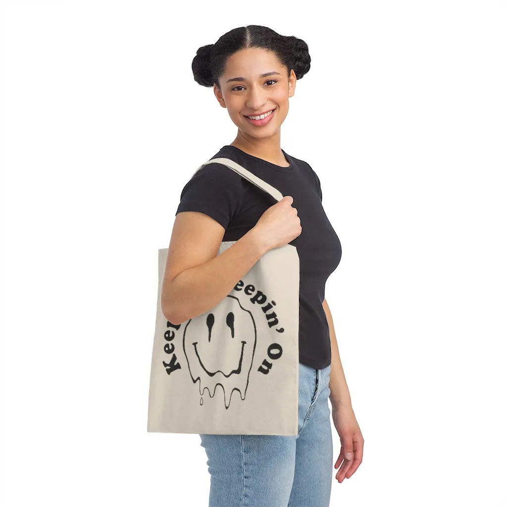 Keep on Keeping On Melting Smiley Face Canvas Tote Bag, Trippy Happy Face '90's Y2K Grunge Smiley Face Cloth Reusable shopping bag
