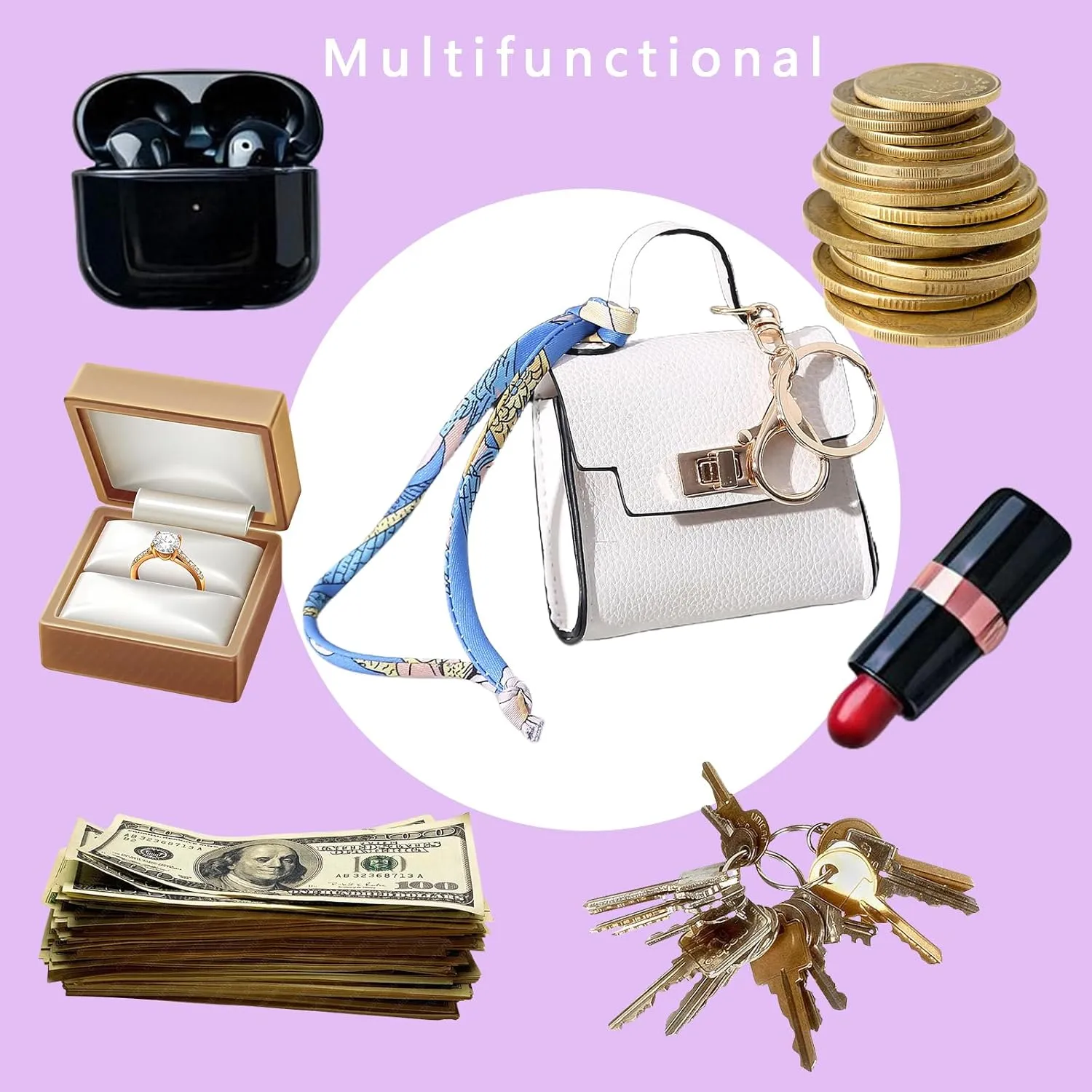 Mini Backpack Keychain Coin Purse for Women Small Keychain Purse Change Pouch Key Chain Change Purse Little Miniature Bag Charm Cute Key Headset Bag (White)