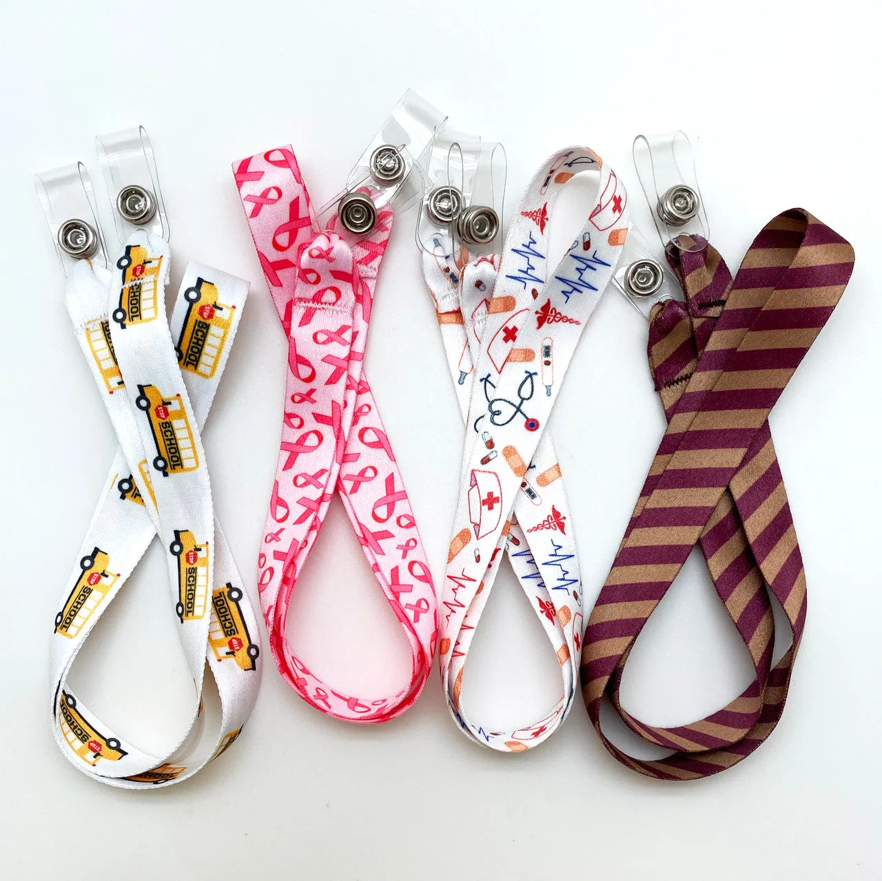 School Bus Face mask holder lanyard 24" long  with vinyl snap fittings printed on 5/8" Ultra Lanyard fabric