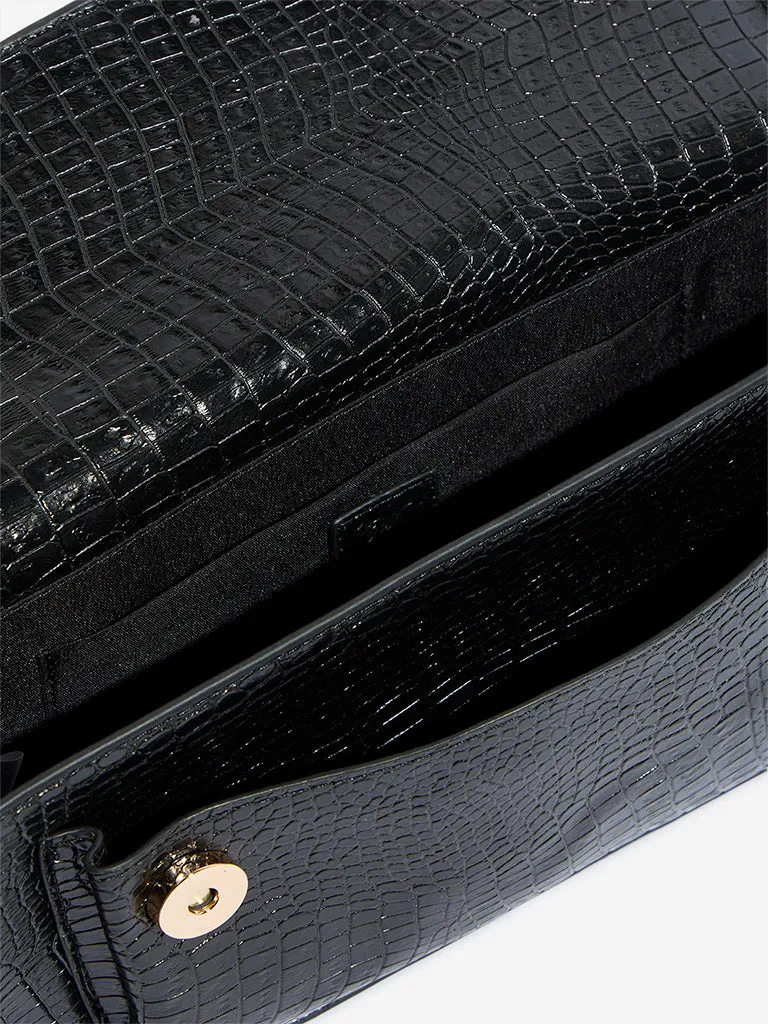Westside Black Textured Elongated Handbag with Belt