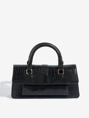 Westside Black Textured Elongated Handbag with Belt