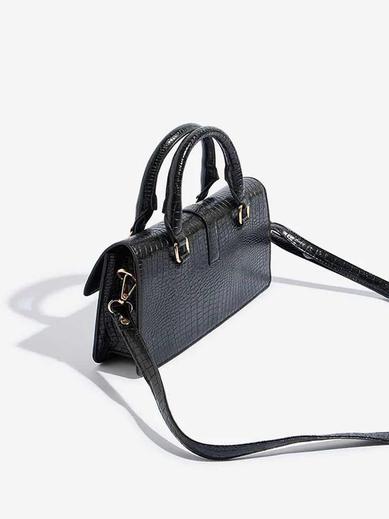 Westside Black Textured Elongated Handbag with Belt
