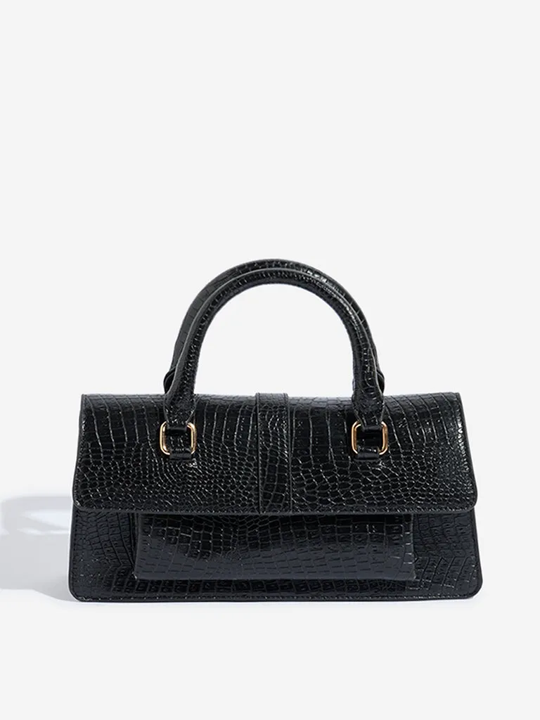 Westside Black Textured Elongated Handbag with Belt